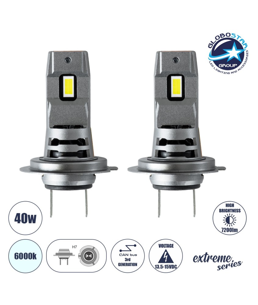 GloboStar® 85649 7S H7 KIT Βασικού Φωτισμού Αυτοκινήτου & Μοτοσυκλέτας 3rd Generation Can-Bus Extreme Series LED 7035 SMD 40W 7200lm DC 13.5-15V Αδιάβροχο IP68 Ψυχρό Λευκό 6000K